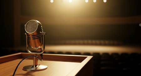 Microphone in a conference hall. 3D rendering. Soft focus.の素材
