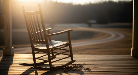 Wooden rocking chair on a wooden deck in the rays of the setting sunの素材