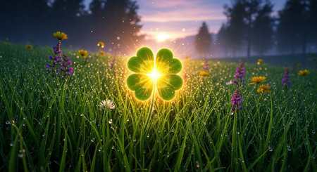 Glowing clover flower in the meadow. 3d renderingの素材