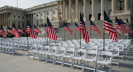 American flags on the chairs in front of the Capitol building in Washington DCの素材