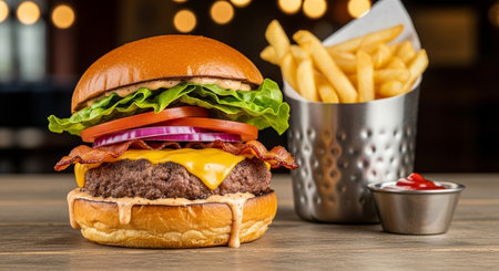 a delicious cheeseburger with bacon lettuce tomato onion and fries on a wooden table with bokeh lightsの素材