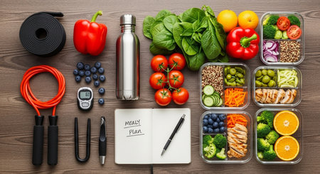 a flat lay showing meal prep containers, fruits, vegetables, exercise equipment and a meal plan notebookの素材