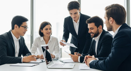 a diverse team collaborates in a bright office, reviewing documents and discussing strategies around a laptopの素材