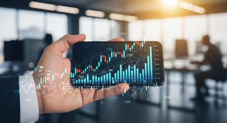 a hand holds a phone showing stock graphs in a bright office setting with a blurred background person workingの素材