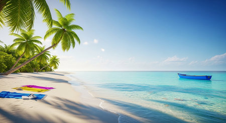 Beautiful tropical beach with palm trees and blue sky. Panoramaの素材