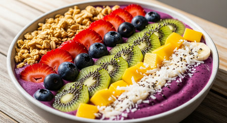 a vibrant smoothie bowl topped with granola, fresh fruits, and coconut flakes on a wooden table surfaceの素材
