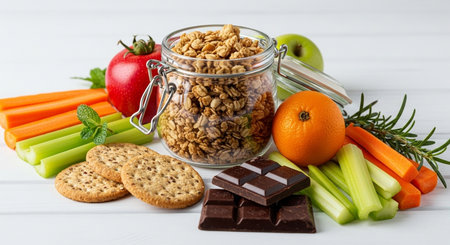 a vibrant display of healthy snacks including granola, fresh produce, crackers, and dark chocolate piecesの素材