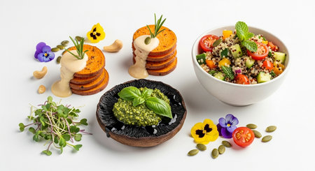 a colorful array of healthy meals including sweet potato stacks, quinoa salad, and pesto mushroom dish.の素材