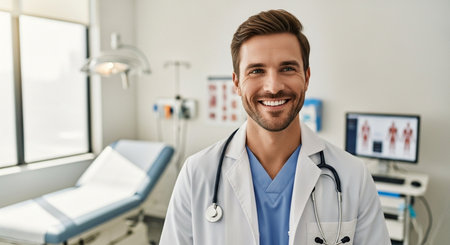 a smiling doctor in a white coat with a stethoscope in an examination room with medical equipment visibleの素材