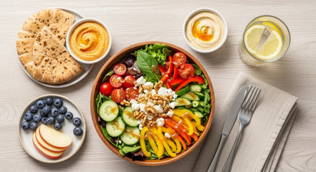 a healthy salad bowl with pita bread and hummus on a white table, ready to be enjoyed for a mealの素材