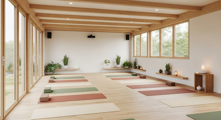 a bright yoga studio with wooden beams, plants, mats, and blocks, creating a serene and inviting atmosphereの素材