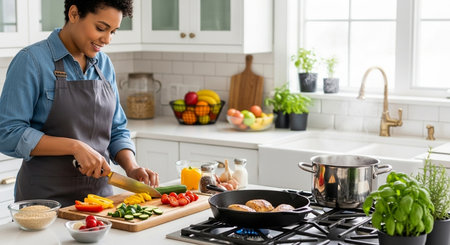 a woman is preparing a healthy meal in her bright kitchen, chopping vegetables and cooking on the stovetopの素材