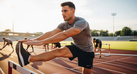 man stretches his leg on a hurdle at the track field with other athletes in the background on a sunny dayの素材