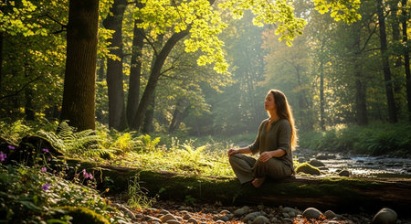 a woman meditates on a log amidst trees and a river, bathed in sunlight, creating a serene scene outdoorsの素材