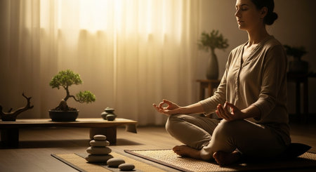 a woman in meditation pose with a bonsai tree and stacked stones creating a peaceful indoor settingの素材