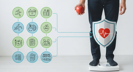 man on scale holds apple, health icons and heart shield show healthy lifestyle and protection of healthの素材
