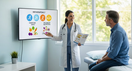a doctor is explaining health tips to a patient using a screen with exercise and nutrition advice on itの素材