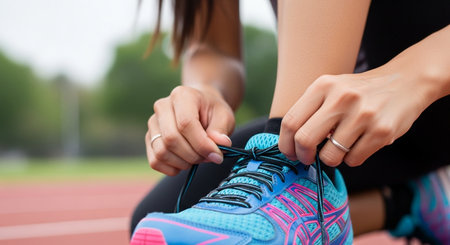 a woman is tying her shoelaces before running on the track, getting ready for her workout session outdoorの素材