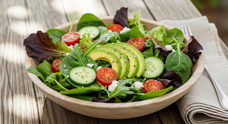 a fresh salad in a wooden bowl with avocado tomato and cucumber on a wooden table with a cloth napkinの素材