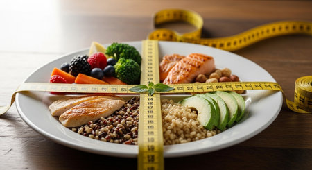 a plate with salmon, chicken, avocado, berries, broccoli and a measuring tape on a wooden surface.の素材