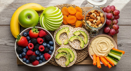 a wooden board featuring a variety of healthy snacks including fruits, nuts, and vegetables with hummus dipの素材