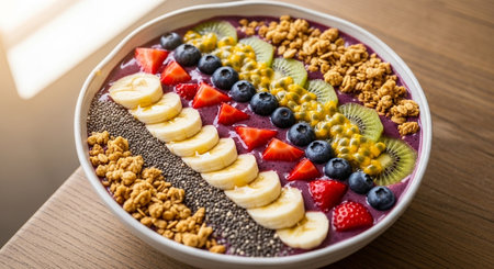a delicious smoothie bowl with a variety of fresh fruits, granola, and chia seeds on a wooden table.の素材