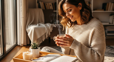a woman enjoys tea with a book and candle, creating a cozy and relaxing atmosphere in her living room areaの素材