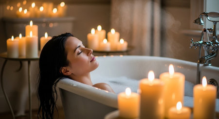 a woman is relaxing in a bubble bath with lit candles creating a serene and calming bathroom atmosphereの素材