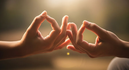 two hands are shown performing a mudra gesture, creating circles with fingers, in a meditative pose outdoorsの素材