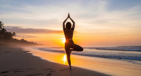 a woman does yoga on a beach at sunset. the sky is orange and the ocean is calm. palm trees are visibleの素材