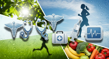 a health collage featuring medical icons, running silhouette, healthy food, and nature backgrounds. wellness focusの素材