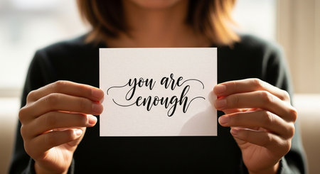 a woman holds a card that says you are enough, promoting self love and positive affirmations for wellbeingの素材