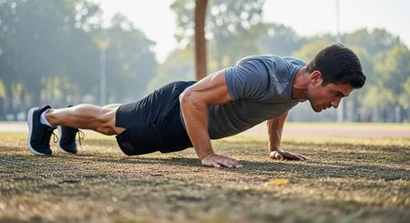 a man is doing push ups on the grass outdoors wearing a gray shirt and black shorts on a sunny day in the parkの素材