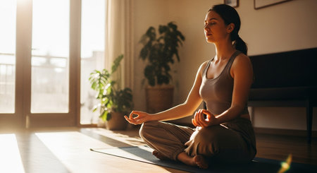 a woman is meditating in a bright room with plants and sunlight streaming through the window peacefullyの素材