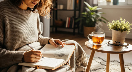 a woman is writing in a journal with a cup of tea and glasses on a table in a cozy living room sceneの素材