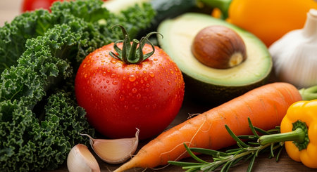 a colorful assortment of fresh vegetables including tomato kale avocado and carrot displayed on a table topの素材