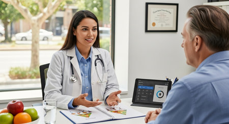 a doctor explains a tablet screen to her patient while sitting at a desk with healthy food options nearbyの素材