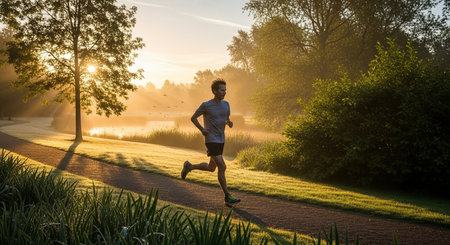 a man is running on a path in a park during sunrise, with trees and a pond in the background on a sunny morningの素材