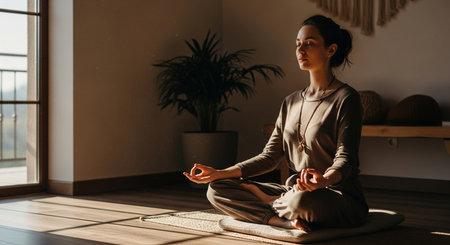 a woman meditates in a sunlit room, promoting relaxation and mindfulness in a peaceful indoor settingの素材