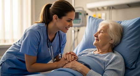 a nurse is holding the hand of an elderly patient in a hospital bed while smiling and looking at her kindlyの素材