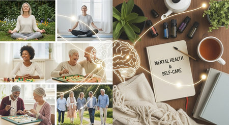 a collage shows mental health activities like yoga, games, walks, with a brain graphic and self care itemsの素材