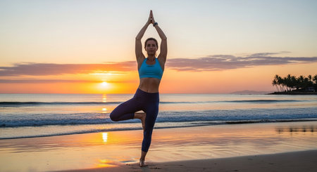 a woman is doing yoga on a beach at sunset in tree pose with her hands above her head for relaxationの素材