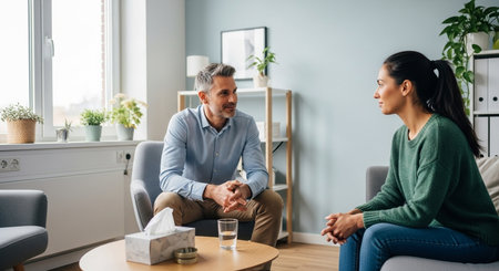 a man and woman are talking in a bright office space during a therapy session with plants and soft lightの素材