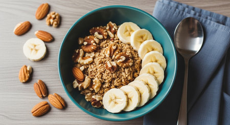 a turquoise bowl filled with granola, banana slices, and nuts, next to a spoon and a blue napkinの素材