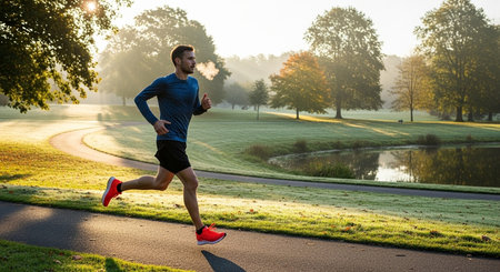 a man is running on a path in a park with trees and a pond on a foggy morning in the early light of dayの素材