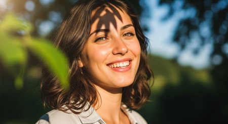a beautiful woman smiles outdoors with sunlight dappling her face, creating a warm and inviting atmosphereの素材