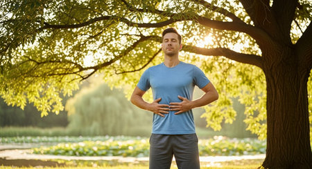 a man meditates in a park, hands on stomach, eyes closed, under a tree at sunset, finding peace and calm outdoorsの素材