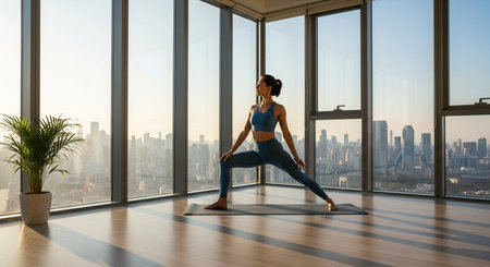 a woman is doing yoga in an apartment with a city view, she is in the warrior pose on a yoga mat there.の素材