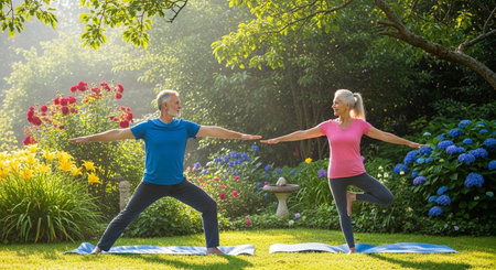 a mature couple enjoys a yoga session in their garden, surrounded by flowers and greenery on a sunny dayの素材