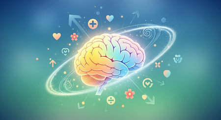 a vibrant brain surrounded by swirling lights and icons against a gradient background, an artistic depictionの素材